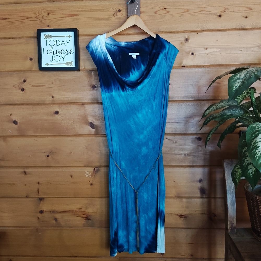 Boston Proper Blue Tie Dye Cowl Neck Jersey Knit Dress Stretch‎ Midi Boho Size S